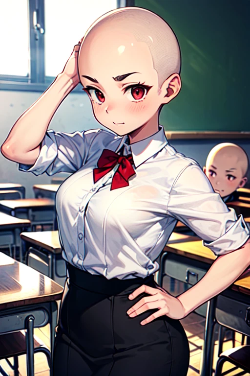 1 girl, aizawa tomo, 18yo, ((buzzcut shaved head)), red hair, thick brows, red eyes, big brests, tall height, uniforme escolar, traje verde, camisa blanca, corbata roja, tomboy, classroom, touching her head, embarrassed, friends touch their heads
