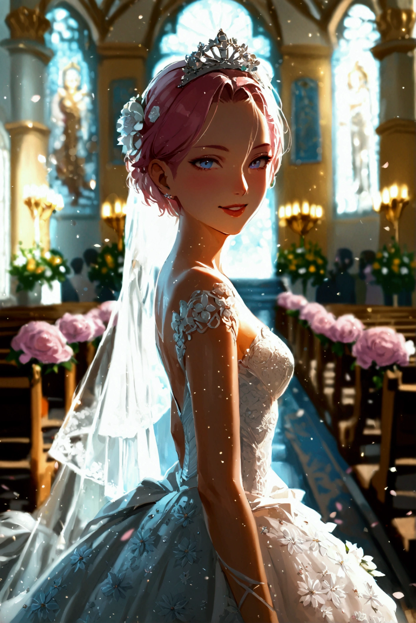 Android 18, ((solo)), alone, bride, wearing a white wedding dress, queen, happy, ((forehead to show)), standing, entering the church, pink hair, short hair, delicate, young, short hair, detailed face, high definition, ((full body)), (flowers around her), full body, she is a beautiful woman getting married, face with high quality, beautiful, radiant