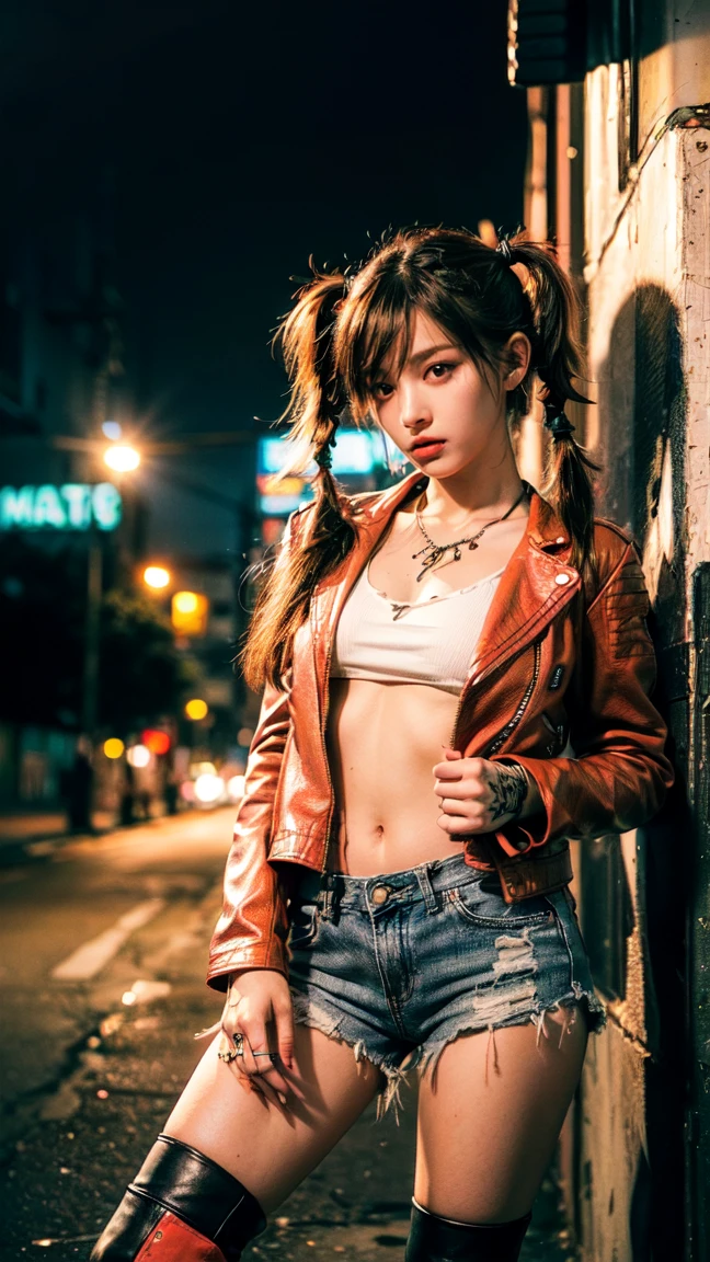 Downtown at night、Japanese young beautiful girl idol、Red Mohawk、Punk Fashion、Expose large breasts、Leather jacket with studs、Naked with a guitar between his legs、Tattoo、Giving a blowjob to an old man's erect penis、Spread your legs and expose your genitals