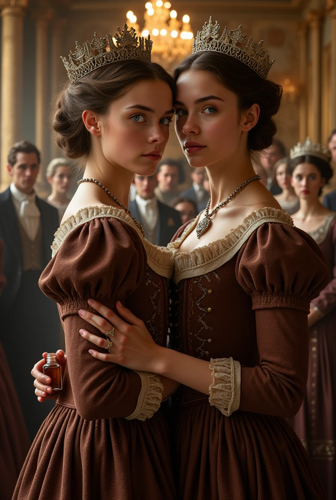 Multiple Ai on: (a group of women), (seven women), 7WOMEN, STANDING TOGHETER, velotopuous body, aristocratic woman of victorian era, Europe in the 18th century, reddish brown hair, Exquisite high bun braid hairstyle, Delicate and meticulous, 8K, Reality, Dramatic Lighting, high quality, Exquisite eyes and faces details, Perfect eyes, matching eyes, at night in the castle dracula