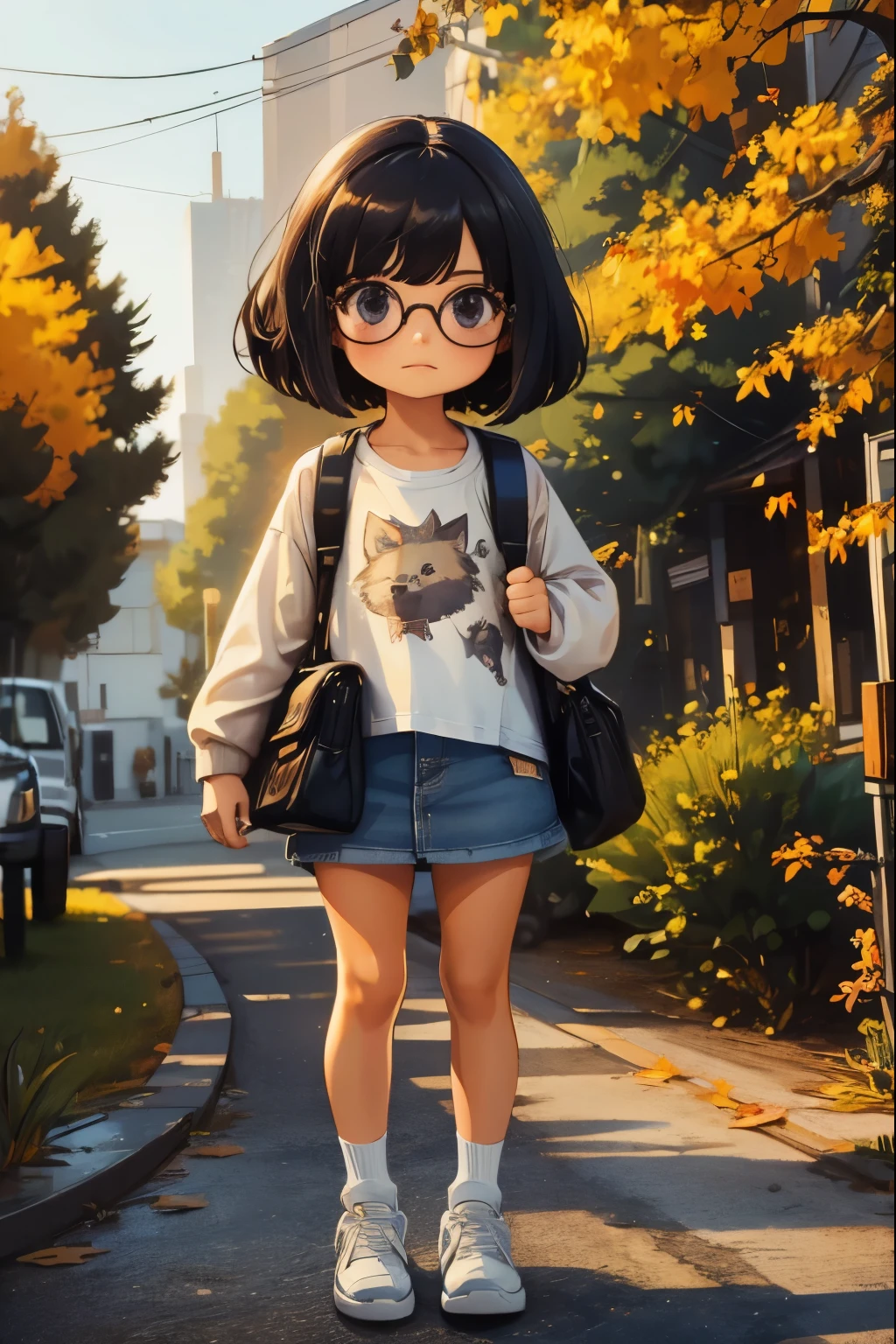 (masterpiece,  best quality,  Very detailed),One， a very young girl ，Alone，Very short stature， toddler figure ， very short legs ，Long-sleeved white oversized t-shirt ，Denim mini skirt and sneakers， school bag， black hair， grunge and messy wolf haircut， stylish glasses ，iris，()，Bitch，Oil，Impressionism ，autumn，autumnの紅葉， sarcasm ，
