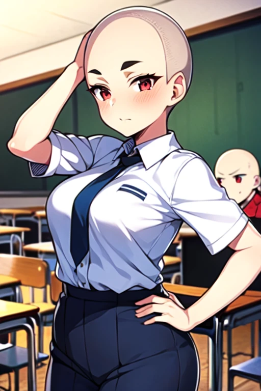 1 girl, aizawa tomo, 18yo, ((buzzcut shaved head)), red hair, thick brows, red eyes, big brests, tall height, uniforme escolar, traje verde, camisa blanca, corbata roja, tomboy, classroom, touching her head, embarrassed, friends touch their heads
