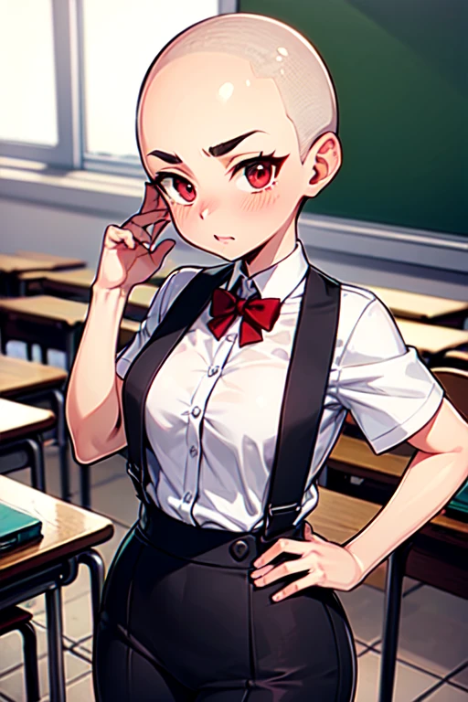 1 girl, aizawa tomo, 18yo, ((buzzcut shaved head)), red hair, thick brows, red eyes, big brests, tall height, uniforme escolar, traje verde, camisa blanca, corbata roja, tomboy, classroom, touching her head, embarrassed, friends touch their heads
