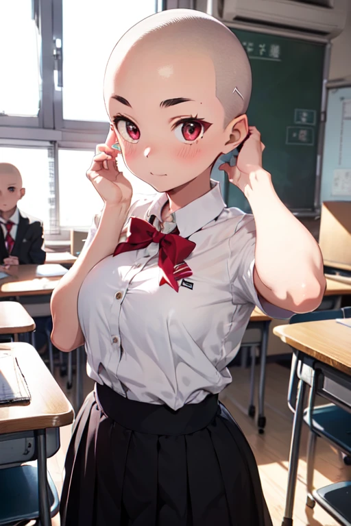 1 girl, aizawa tomo, 18yo, ((buzzcut shaved head)), red hair, thick brows, red eyes, big brests, tall height, uniforme escolar, traje verde, camisa blanca, corbata roja, tomboy, classroom, touching her head, embarrassed, friends touch their heads
