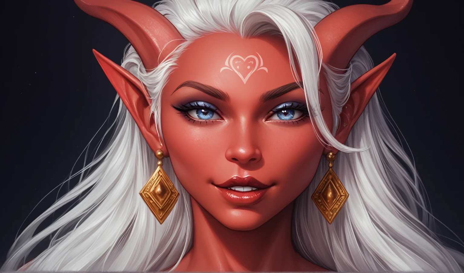 1 girl, A Tiefling,  Long hair,  high definition , earrings, Legs out of frame, персонаж далеко, athletic body,  pretty face,  young , Red skin, Dark background, Точность, Высокое качество, В профиль,  не слишком длинные рога, рога эбонитово-синего цвета, волосы серебристого цвета, 