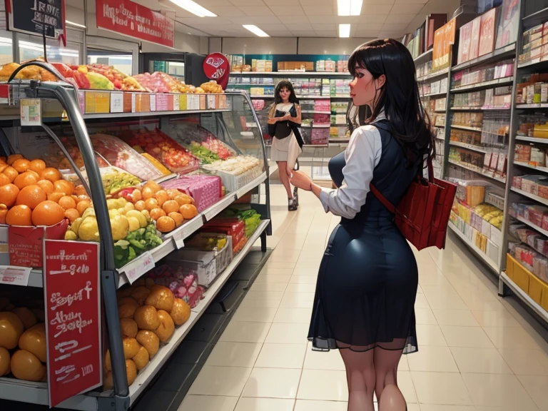 casual clothes at the supermarket, Full body inside a supermarket with shopping carts,, (((white mask:1.3))),Female, 20 years old, short black wavy hair、bangss、Puffy nipple、(White Turtleneck Knit)、(black long skirt), Black stockingedium milk, cute smile face、((Poses that emphasize the buttocks、turned around))、sexy hips、Black High Heels、Big necklace、((((the wind blew my skirt, expose my panties...))))、(紫の lace panties)、Cute earrings、(Tilt your head slightly)