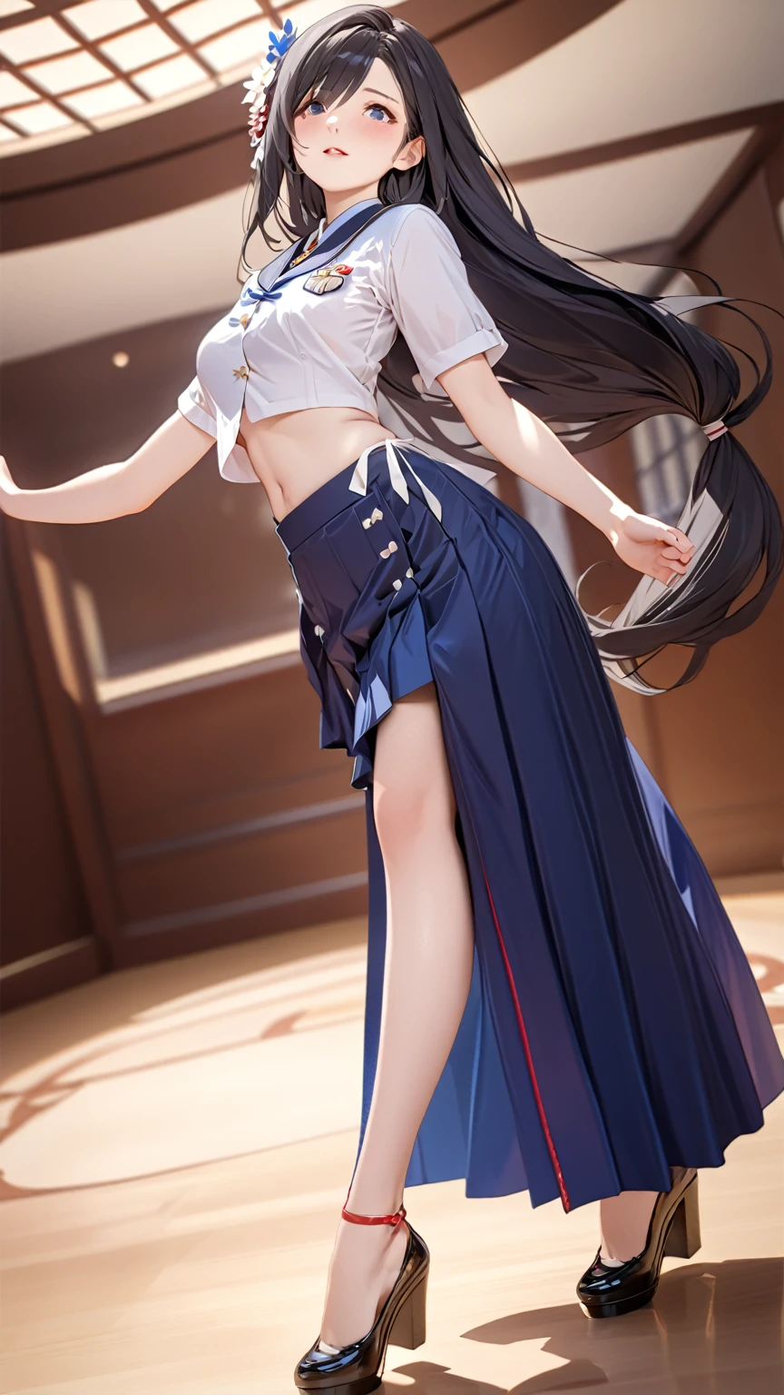 ( Highly detailed CG:1.2), (masterpiece:1.2), ( Quality Best :1.2),,(( ridiculous results )), looking at the audience,whole body, ,(1 Girl), unique ,(Long hair),(Mataiyong uniform),( white shirt short sleeve ),(navy_ blue pleated skirt ),(Long skirt), dynamic angle,Standing, dynamic posture,(( delicate facial features )),, 