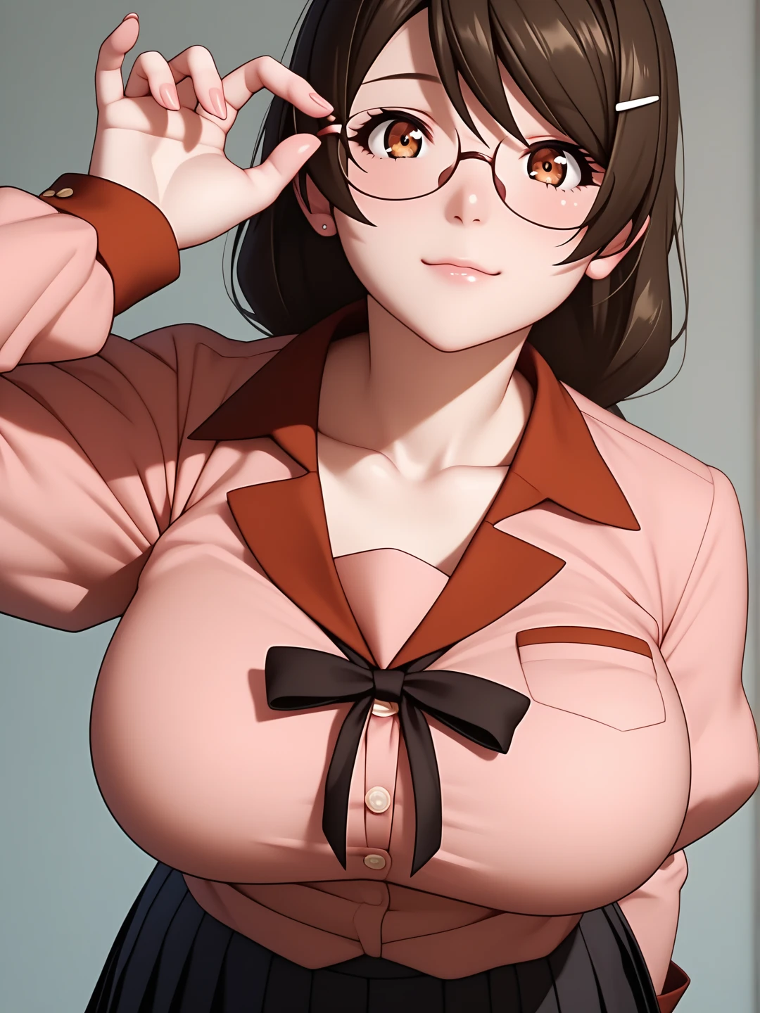 score_9, score_8_up, score_7_up, score_6_up, source_anime, anime_style, rating_questionable, quality_masterpiece, accurate_anatomy,front angle view, 1girl, hanekawa, big breasts, ribbon, naoetsu_high_school_uniform, school uniform, long sleeves, puffy long sleeves, pink shirt, black skirt, juliet skirt, pleated skirt, collarbone, holding glasses, holding books on breasts, standing, cute pose, solid background