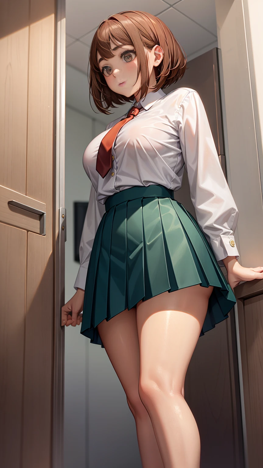 1womanl,18year old,Brown hair,Beautiful ponytail hairstyle, (Teal High Waist Skirt:1.3),, (See-through white shirt:1.3), (double-breasted,Underbust:1.2), Short sleeves, buttonGap,Frameless glasses,,Thighs are wet,(embarrassed:1.2),Pants are see-through,lift up skirt,