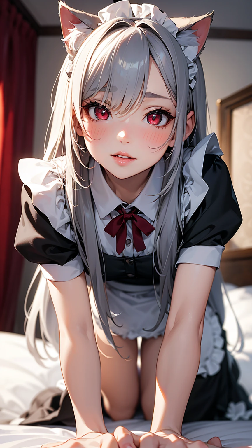 From below, 1 girl, pov, perspective, (Closest Face:1.3), Two Side Up, (Lustful facial expression:1.3), on bed, On all fours, Looking down, masterpiece, top quality, super detail, wallpaper, break, cat ears, (maid), long hair, silver hair, hair between eyes, red eyes, detailed Lips, blush, peck lips, round lips, thick lips,