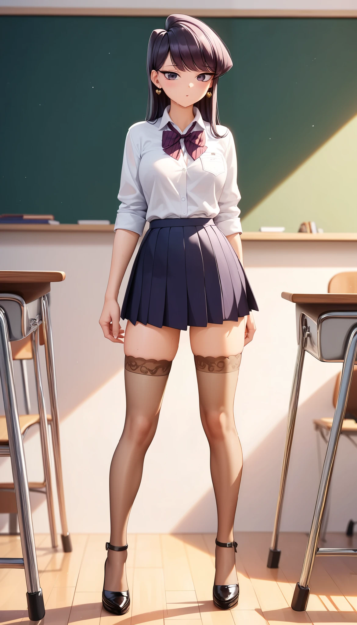 (Perfect Anatomy), Masterpiece, Ultra High Quality, 8k, masterpiece, Highest quality, Ultra-high resolution, Maximum resolution, Very detailed, Professional Lighting, anime, young female, 1 japanese 1 female, Komi Shuuko, thin teen, so beautiful, Highly detailed eye, Highly detailed face, Golden earrings, Ink Hair, Grey eyes, Straight bangs, full body, standing, (wearing a (brown short shirt, leather pleated skirt), (classroom indoors theme), (tan stockings), (high heels), show her wet inner thighs