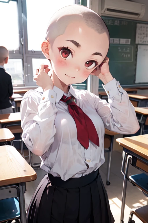 1 girl, aizawa tomo, 18yo, ((buzzcut shaved head)), red hair, thick brows, red eyes, big brests, tall height, uniforme escolar, traje verde, camisa blanca, corbata roja, tomboy, classroom, touching her head, embarrassed, friends touch their heads