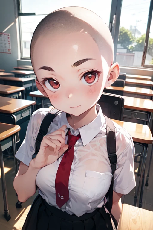 1 girl, aizawa tomo, 18yo, ((buzzcut shaved head)), red hair, thick brows, red eyes, big brests, tall height, uniforme escolar, traje verde, camisa blanca, corbata roja, tomboy, classroom, touching her head, embarrassed, friends touch their heads