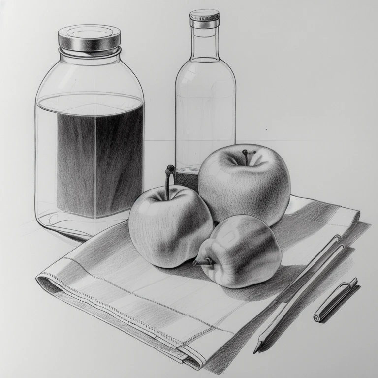 Best Quality, Masterpiece, (Reality: 1.3), Still Life, Table, Cloth, fruit dish, Apple, Pear, Tomato, Pepper, 1 mineral water bottle, sketch, line, pencil drawing, traditional media, graphite (medium), simple background, white background,