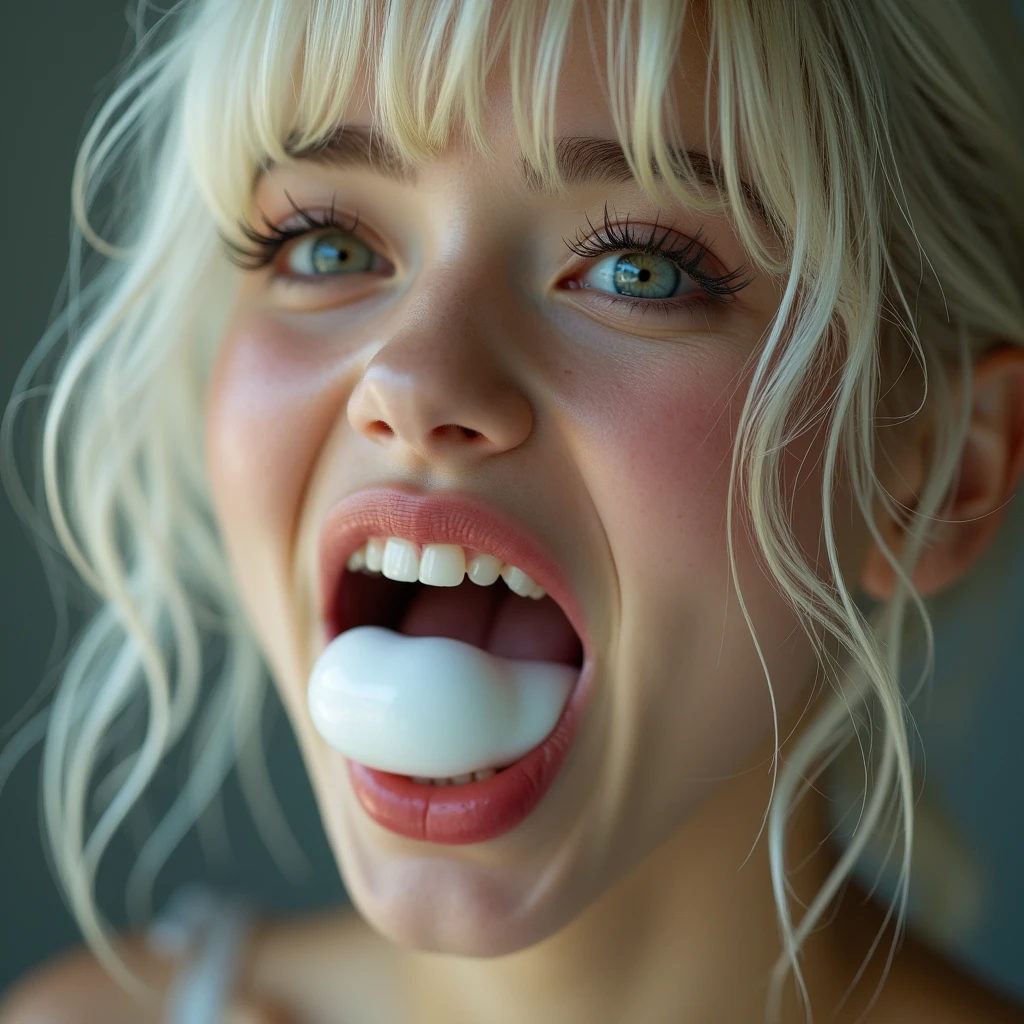 Closeup of a female young Elle Fanning's face, ((Elle Fanning)), actress Elle Fanning when she as 16, mouth very wide open and smiling,  eyes opened, long blond messy hair, mouth full of milk, dropping milk from her mouth, extreme skin detail, photorealistic, 8k, wallpaper, kneeling on floor, viewed from above
