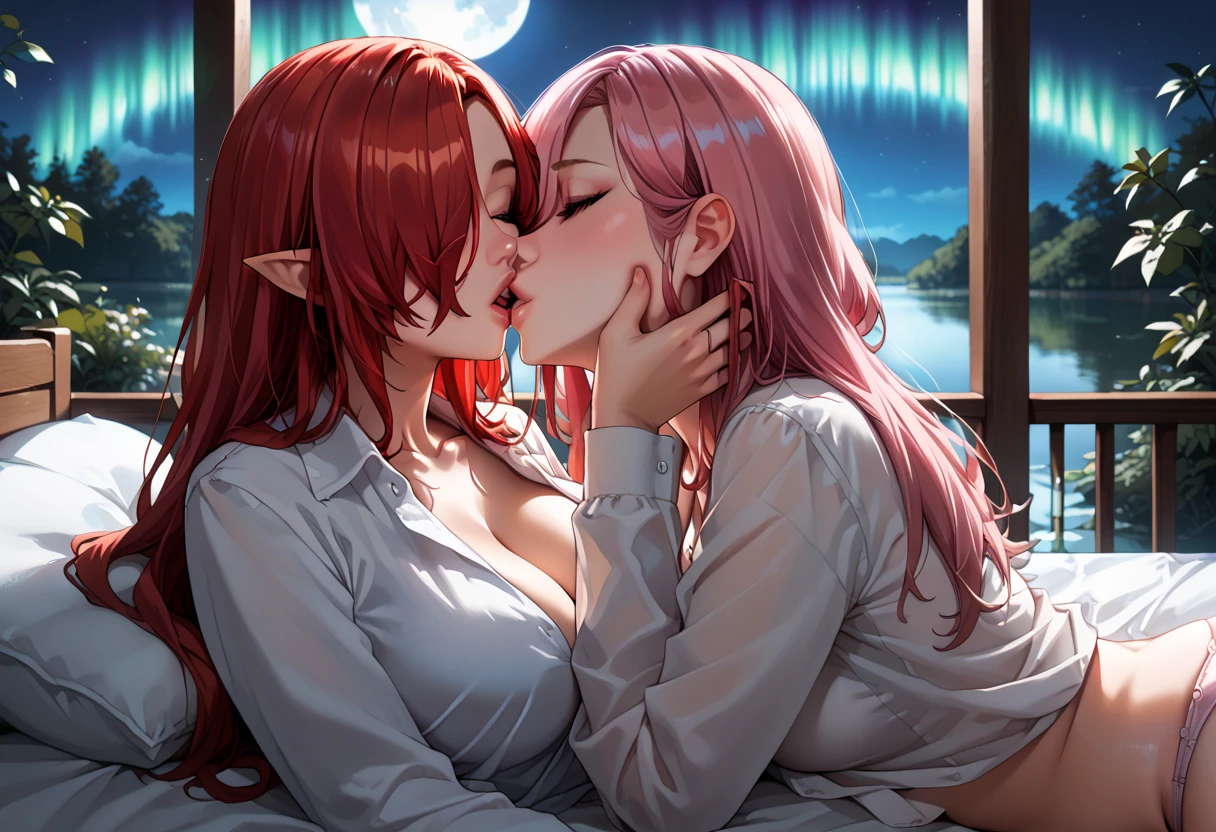 score_9, score_8_up, score_7_up, 2girls, {Afemale_and_Bfemale}, Tag1: {Afemale: Adult, Mature, Curvy, Elf Woman: 1.3, (Long Red Hair over one eye: 1.5), wearing a (Open White Sleep_Shirt and Panties: 1.3), curvy, medium breasts: 1.3} and Tag2: {Bfemale: Adult, Curvy, Mature, Elf Woman: 1.3, (Long Bright Pink hair over one eye: 1.4), wearing a (Open White Sleep_Shirt and panties: 1.3), curvy, medium breasts: 1.3}, (lying down on back, lying on top of, hand caressing cheek, on a bed by a balcony overlooking a moonlit lake at night under the full moon and aurora: 1.3), (Mouth Open, Breath Visible: 1.3), (Yuri_Kiss: 1.7), French Kiss: 1.3, eyes closed,: 1.3), (Close-up: 1), (side: 1.0), extremely detailed, ray tracing, RTX, high saturation, high contrast, photon mapping, (sharp image), (best quality), (detailed background), (intricate details), (LowKeyLights: 1.3)