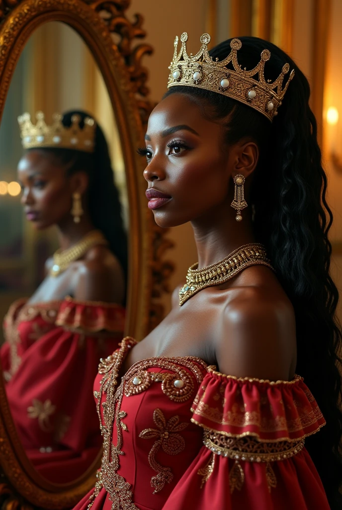 (masterpiece, best quality:1.5), highest quality, High resolution, super detailed, Realists, Bust portrait of a 22-year-old Black woman, black skin, detailed and beautiful eyes, beautiful detailed lips, very detailed eyes and face, longeyelashes, A 22-year-old woman in a long evening gown made of shimmering satin, Beautiful and colorful makeup, elegant and noble々Pose,shiny satin headband,, City as background, bright daylight, bright colors, fine brushstrokes, Portrait style, beautiful color palette, glowing skin, First-class rendering, that captures every detail, enchanting atmosphere, (perfect anatomy:1.2), (The stunning woman is wearing a long evening gown. She smiles flirtatiously., She stands and shows off her figure, (magnificent panorama view:1.2)