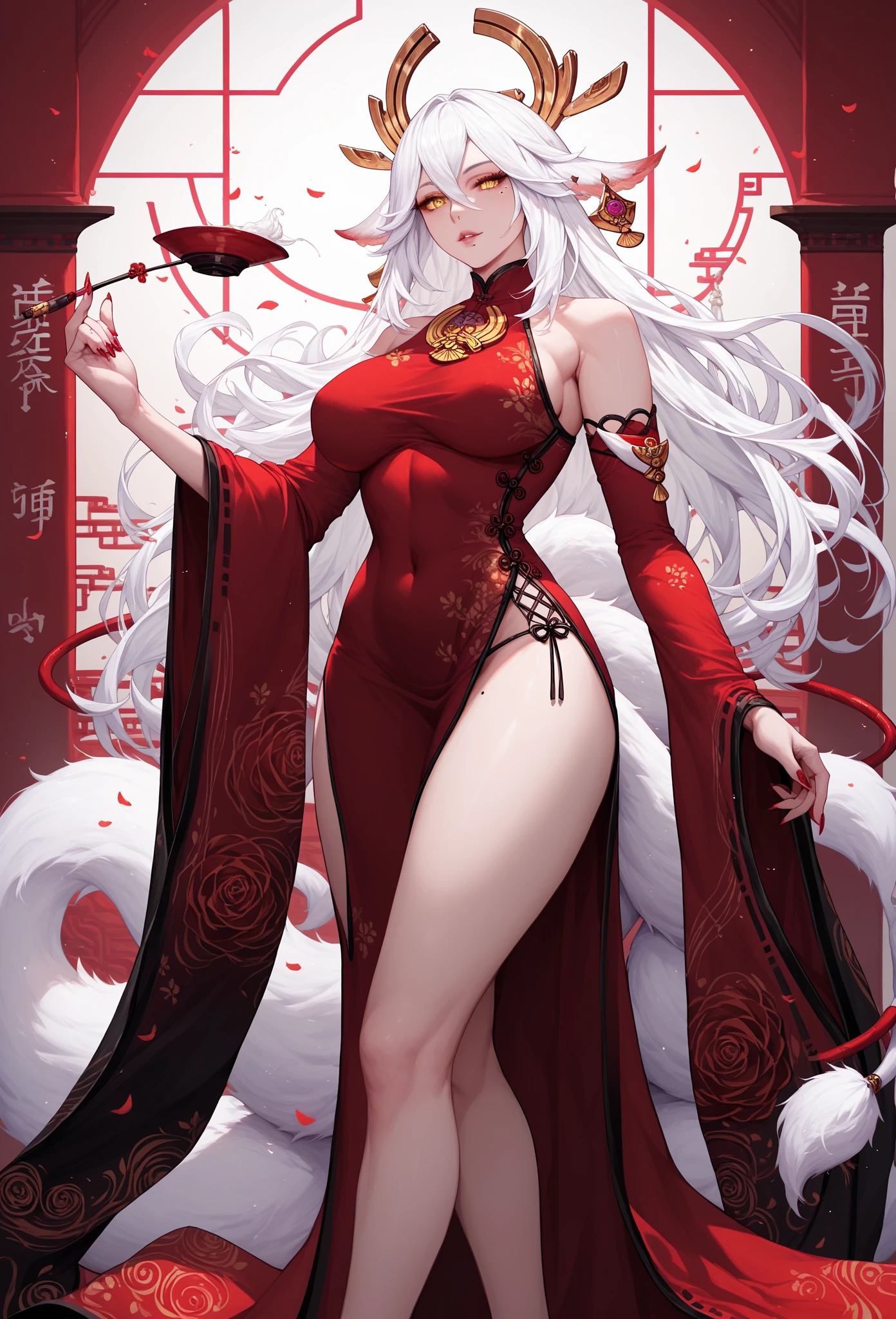mixed_artwork style, (detailed eyes), (Mature woman), beautiful woman, , (yae miko hair, white hair), (red oriental dress), yellow eyes, mole under eye, huge body, standing, pretty nails, kitsune tail