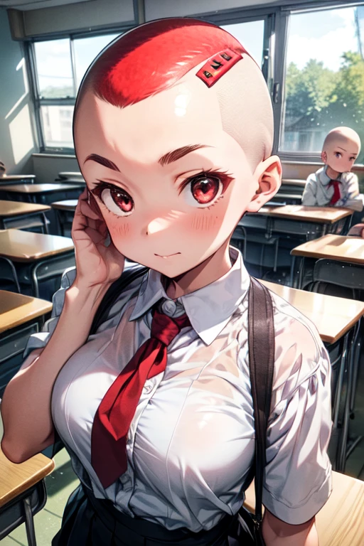 1 girl, aizawa tomo, 18yo, ((buzzcut shaved head)), red hair, thick brows, red eyes, big brests, tall height, uniforme escolar, traje verde, camisa blanca, corbata roja, tomboy, classroom, touching her head, embarrassed, friends touch their heads
