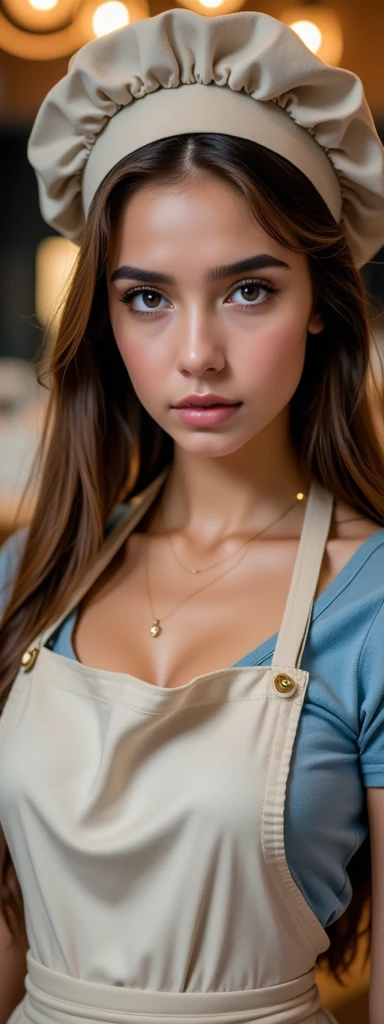 Create a hyper-detailed photograph of a 22-year-old young woman, exuding confidence and charm, dressed in a baker's outfit, complete with a baker's hat. She has a stunningly perfect feminine face with flawless makeup. Her face is long, with light brown, straight hair that is long and flows smoothly. Her forehead is medium-sized, and her eyebrows are long and well-defined, complemented by long, voluminous eyelashes. Her eyes are dark brown and vibrant, with a serious, deep gaze. Her cheeks are small and delicate, with emphasis on her fine and long nose. Her lips are full, well-defined, and perfectly shaped, while her long chin features a subtle dimple. She is dressed in a baker’s attire, including a traditional baker’s hat. The clarity of the RAW photograph is impressive, with 32K resolution, capturing every detail precisely, from the texture of the skin to the most subtle nuances. The image has the highest definition, with all elements perfectly in focus and an extremely shallow depth of field to enhance the subject's isolation, while blurring the background. Meticulous attention to detail is visible, showing realistic positioning and skin textures. The final result presents professional-grade photography, highlighting natural beauty and realism in every pixel.