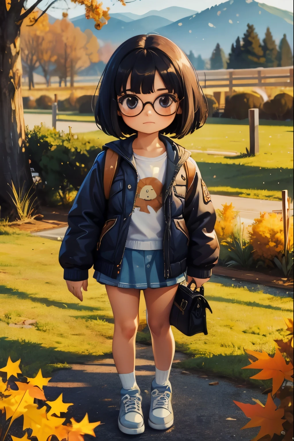 (masterpiece,  best quality,  Very detailed),One， a very young girl ，Alone，Very short stature， toddler figure ， very short legs ，Long-sleeved white oversized t-shirt ， down jacket，Denim mini skirt and sneakers， school bag， black hair，Grunge and messy wolf haircut， stylish glasses ，iris，()，Bitch，Oil，Impressionism ，autumn，autumnの紅葉， sarcasm ，