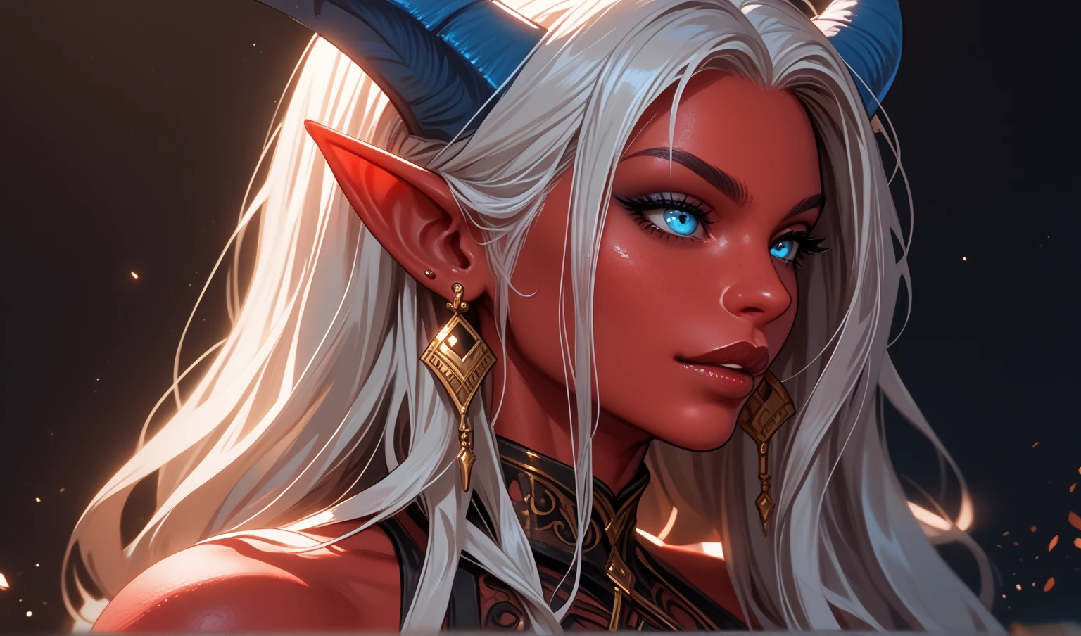 1 girl, A Tiefling,  Long hair,  high definition , earrings, Legs out of frame, персонаж далеко, athletic body,  pretty face,  young , Red skin, Dark background, Accuracy, High quality, In profile, Not too long horns, Ebony blue horns, Silver hair,