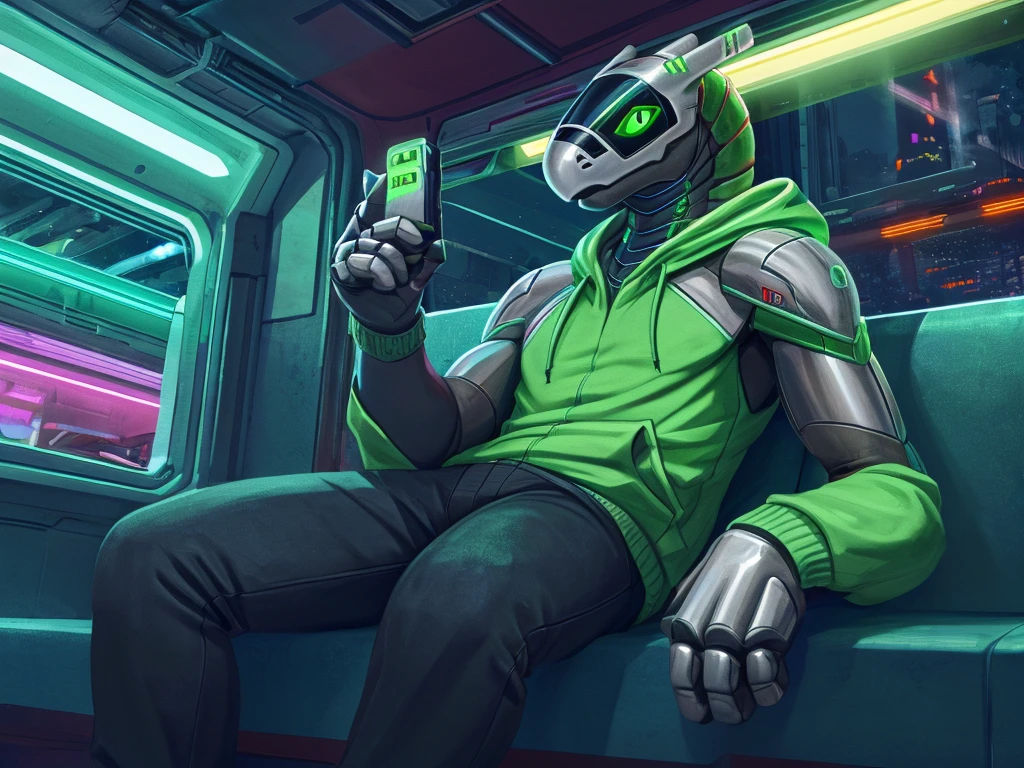 ((Solo)) ((Synth, synth_(vader-san) )) ((Male)) ((White and grey metallic body, grey underbelly)), ((green eyes)), ((slim, average-sized, not very muscular)). Bored, looking at phone, midnight, cyberpunk city, neon lights, cozy, lofi, low lights. Wearing zipped green hoodie, black pants, sitting in train, relaxed. Frontal low angle shot, not looking at viewer, fullbody shot.