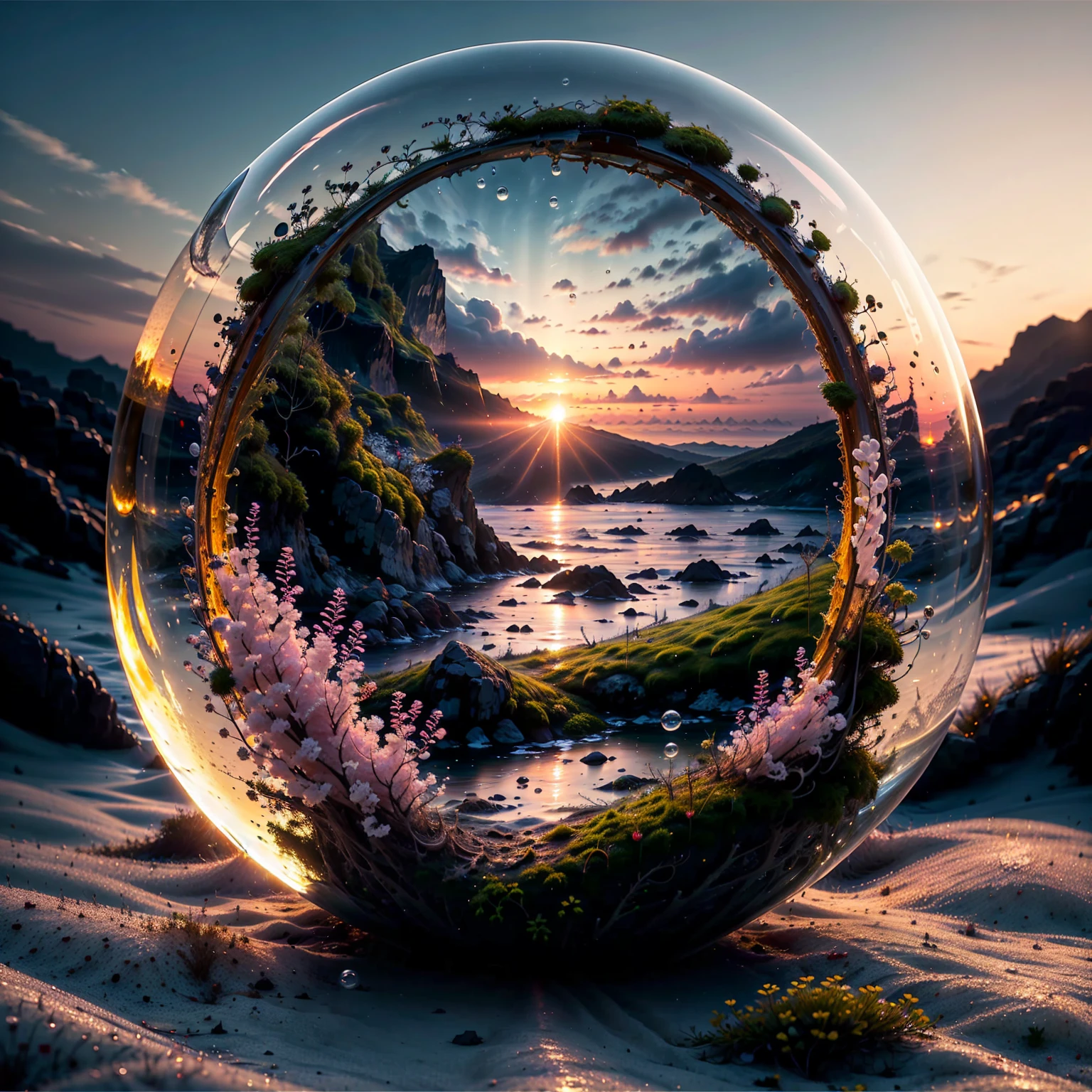 8K quality,(super masterpiece:1.3), best quality,Detailed Images,unmanned,1 bubble ( moss in the bubble,Water moss),background(Sunset sea,Sunset sky, gradient ).