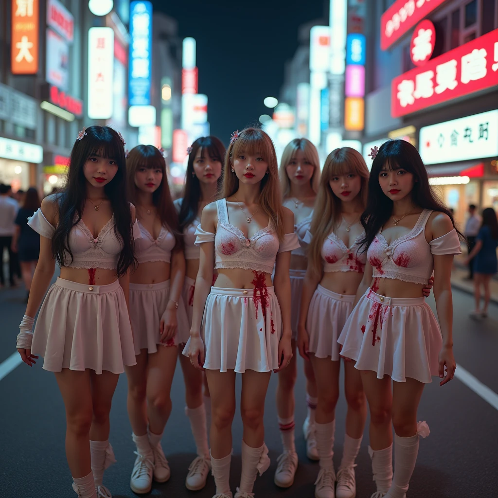 (((SFW, NSFW STILL SHOW, 12 Tiny Girls in a row:1.2, Shibuya Hachiko-mae scramble crossing on Halloween:1.2))), ((masterpiece:1.2, best quality, photorealistic:1.37)), {(Standing Full Body:1.2)|(from below:1.2)}, bandaged full body, { (bandaged head| bandaged limbs | dripping blood from the crotch) }, {((naked bandage))|metallic red nipple stickers}, {(bloody)|blood paste|(Blood-stained bandages| bloody inner thighs)}, ((Detailed KAWAII face, Detailed glistening ivory skin)), {Bustling street|Crossroads|(Passerby schoolgirls)| halloween| neon}, {(Childish:1.2|Gigantic Cleavage:1.37|Underboob:1.2)}, {Red leather high collar| Hair ornaments |shotgun|random hair colors}, {Floating hair|Strong wind|(((Ass focus)))}, Skirtlift, {(Kissing face to face)|:p|:d|laugh|sparkle|joyful|delighted|Drunk},extremely Detailed,