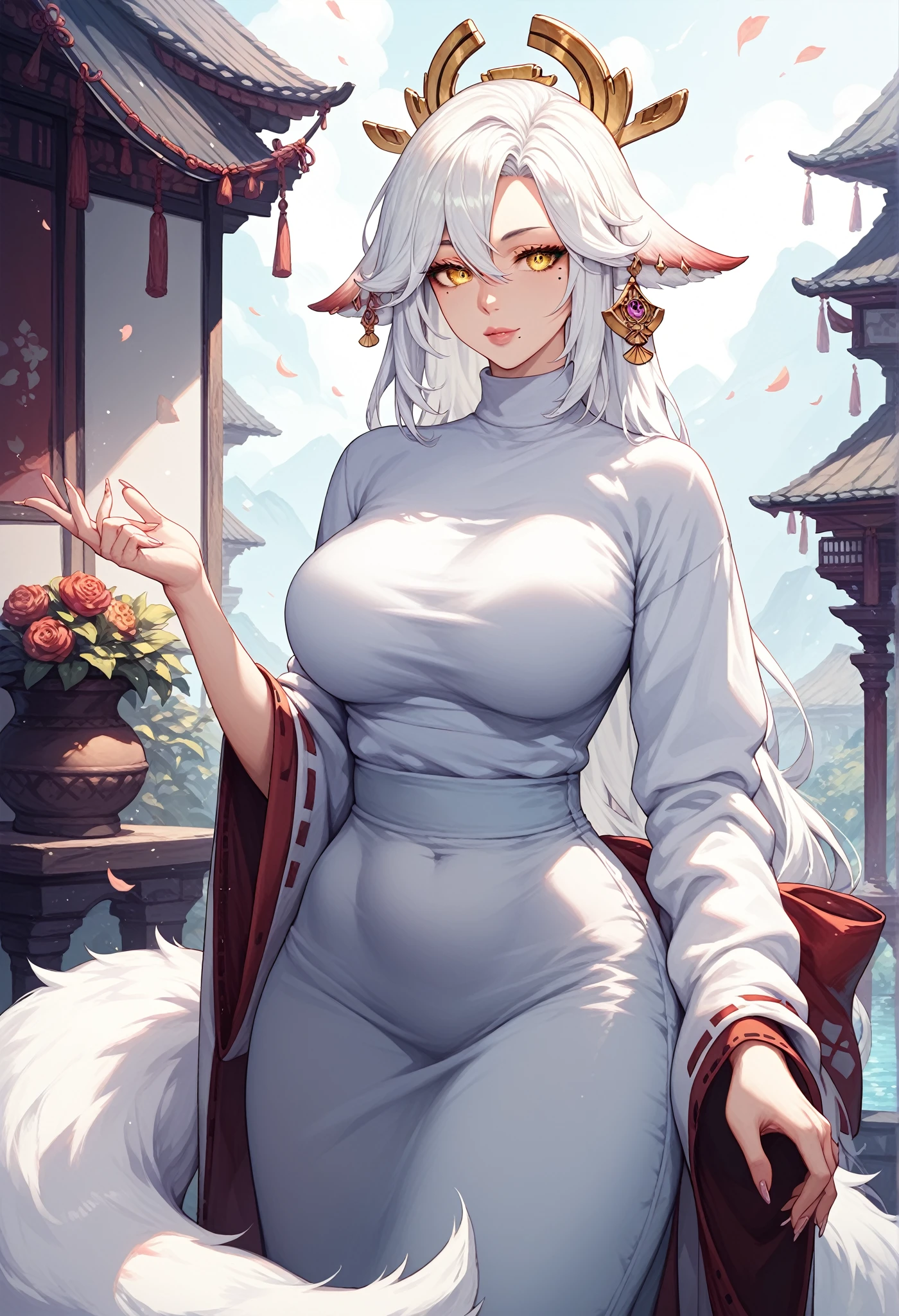 (best quality,4k,8k,highres,masterpiece:1.2),ultra-detailed, scratching adorably, girl, white tigress girl, tigress ears, tigress tail, white tigress, pajamas, scenery