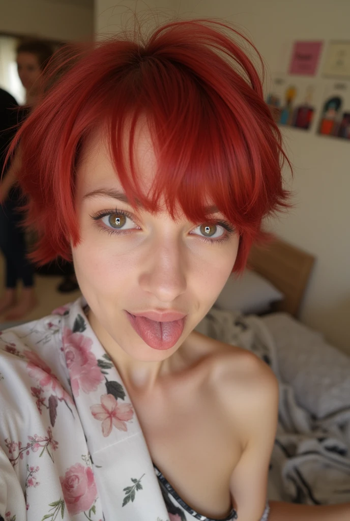 A hot girl with short red hair is lying on the bed in a gray bedroom Red Bra