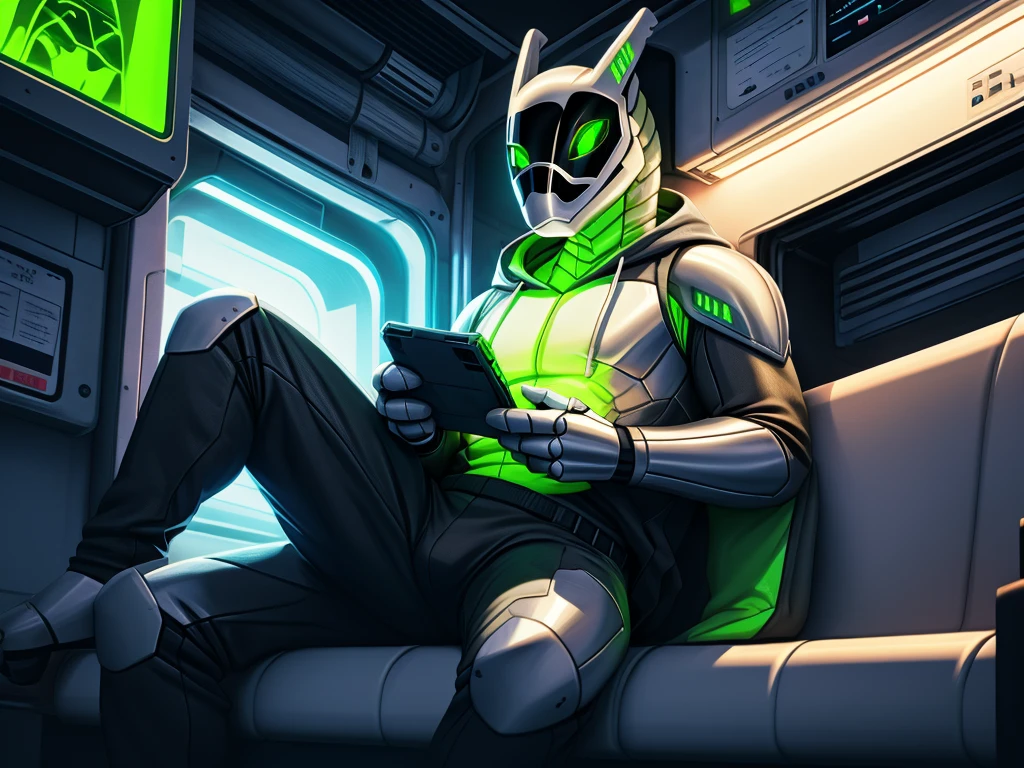 ((Solo)) ((Synth, synth_(vader-san) )) ((Male)) ((White and grey metallic body)), ((green eyes)), ((slim, average-sized, not very muscular)). Bored, looking at game console, midnight, cyberpunk city, neon lights, cozy, lofi, low lights. Wearing closed green hoodie, black pants, sitting in train, relaxed. Frontal low angle shot, not looking at viewer, fullbody shot.