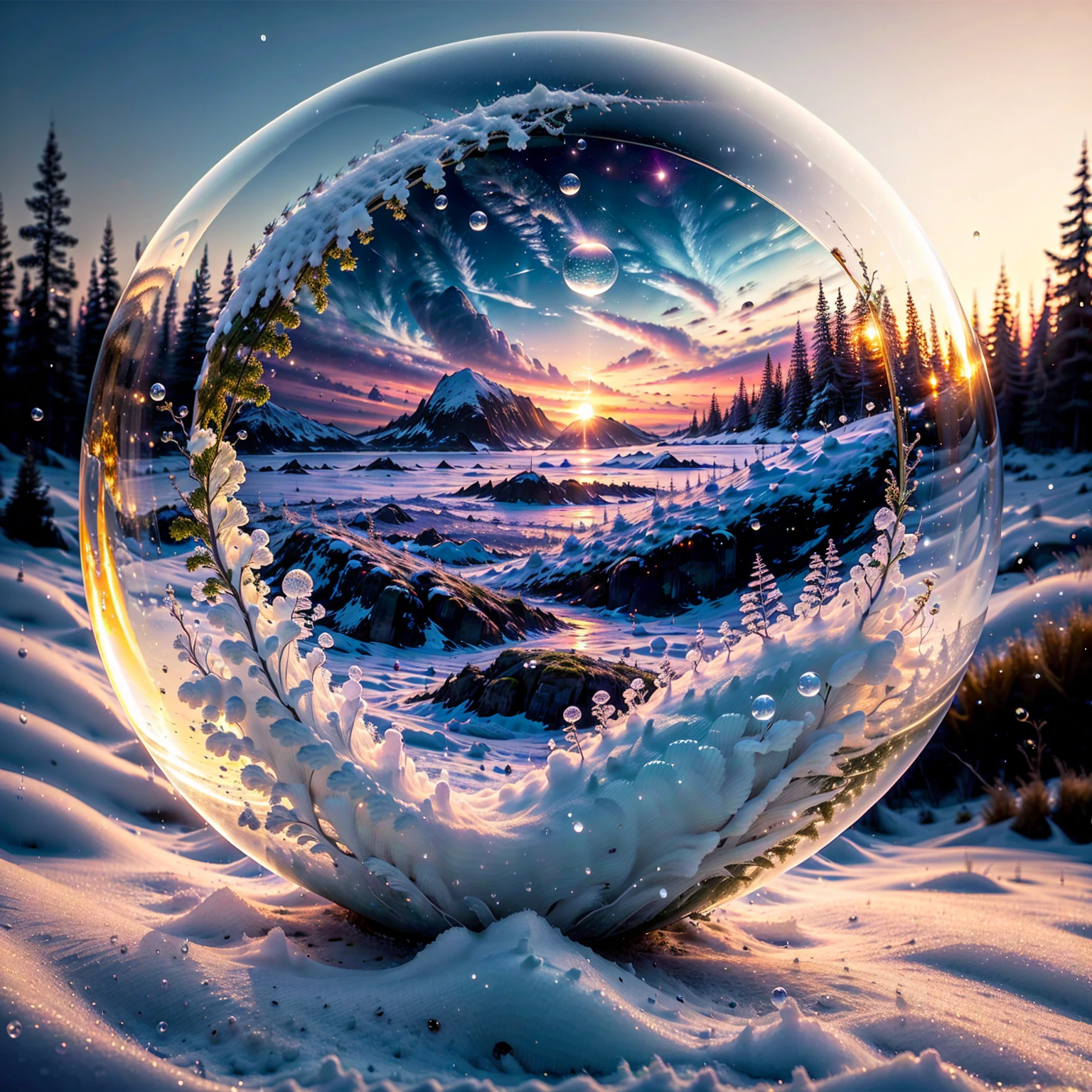 8K quality,(super masterpiece:1.3), best quality,Detailed Images,unmanned,1 bubble ( moss in the bubble,Water moss,snow,積snow),background(Sunset sea,Sunset sky, gradient ).