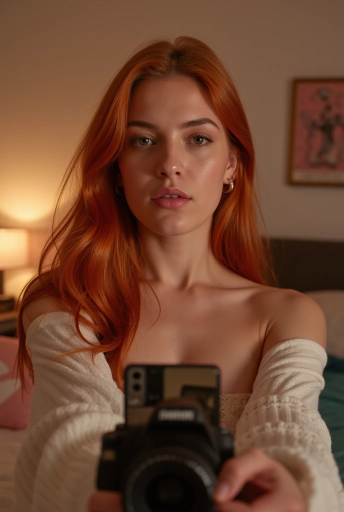A girl with Western European features, with dyed red hair, glasses, light brown eyes, white skin, of 18 years. Very thin complexion, breasts a little big and round, Wide hips, small stature. He is in his room about to go out to party, posing in front of the mirror taking a photo with his iPhone, The photo is from the legs to the head. Her outfit is a pink dress, short and tight. night lighting. Photo style is realistic