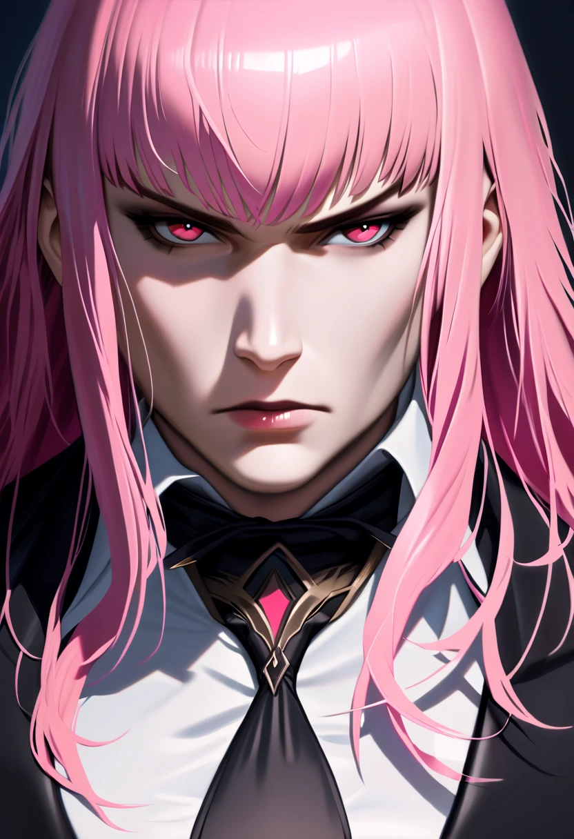 (woman), ((mori calliope)), masterpiece, best quality, pink hair, ((long hair)), plain white shirt, black suit, black necktie, realistic anime style, serious face, ((portrait)).