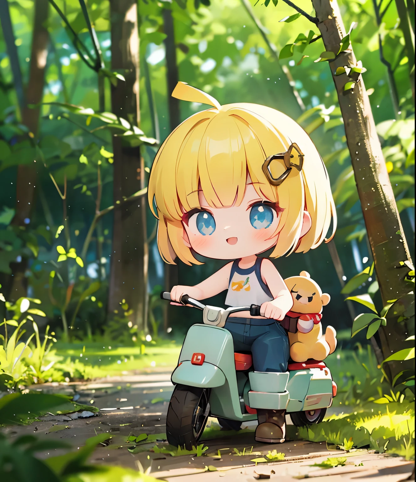  small mascot character work, ((((masterpiece)))), expensive quality, very_expensive_ all red , big_ file size ,  full color,  Steampunk depicting a future planet，In the Distant Forest ,  Vibrant Overseas Markets ,  off-road bike. The main character is a girl with a beautiful upper body , blonde,  short bob, Silver, smile,   mechanized weapons  .  wearing a white tank top,  Damaged Jeans Shorts,  engineer boots ,  off-road bikeに乗る. Beauty,