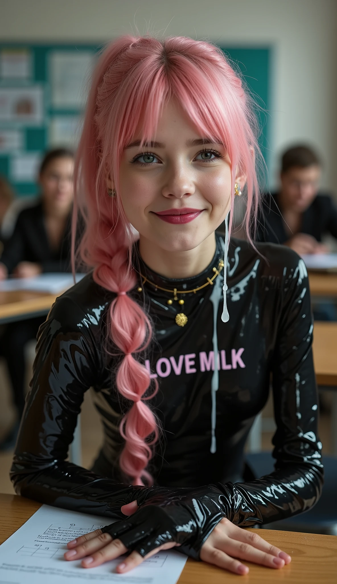 Ultra realism, photorealism, Cinematic photo of beautiful sexy young cumface teen Scandinavian schoolgirl, (extremely skinny anorexic body:2,4), (Skinny super long legs:1,9), gap between legs, super long pink shiny hair, clear bright blue eyes, beautiful bottom, ((Streams of thick withe cum poring down here face and on here body and breasts)), (Cum shot), Lots os semen dripping down, Cum all over here face and body, (extremely skinny thin waist:2,2), (toned abs:2. 5), ((noticeable abs)), ((extremely protruding hip bone:2,2)), anorexic bony thighs, (toned abs:2. 2), (prominent abs, super flat skinny belly), (protruding ribs: 1. 9), big red lips, long eyelashes, lots of makeup, , ((()), (((tight black latex glossy glittery bodysuit, with the text “LOVE MILK”)))), ((25inch high heel platform)), (high heel platform)), (gold jewelry, gold choker, big gold ear rings, seductive smile, half open mouth, sexy open mouth, excited smile, lying on a desk face up in school, ultra realistic, ultra focus, skinny figure, super long pony tail, full body image, several elderly male teachers in office suits in the background in the background unfocused, , super skinny legs, black latex glitter body. full frame, full body