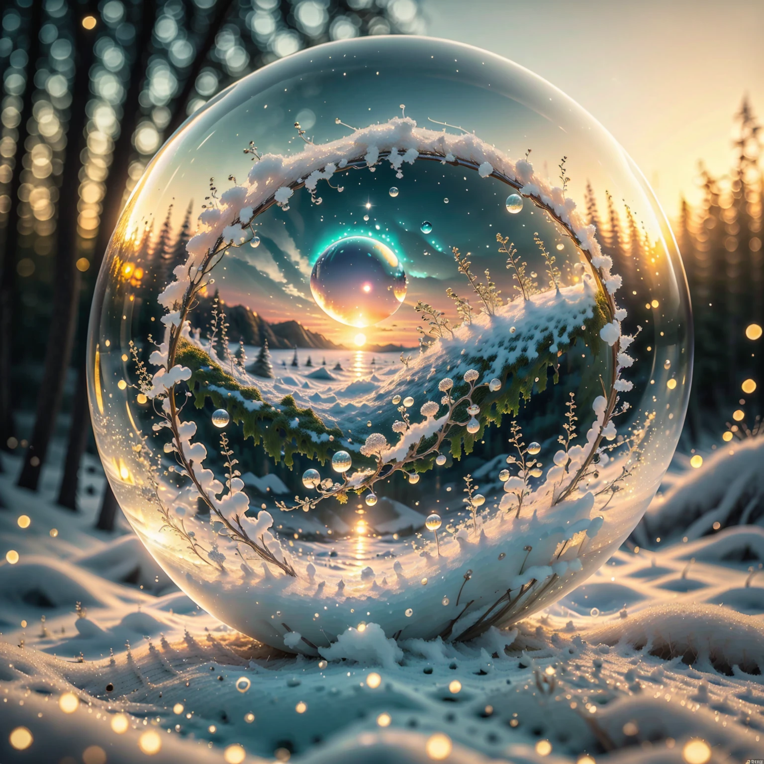 8K quality,(super masterpiece:1.3), best quality,Detailed Images,unmanned,1 bubble ( moss in the bubble,Water moss,snow,積snow),background(Sunset sea,Sunset sky, gradient ).