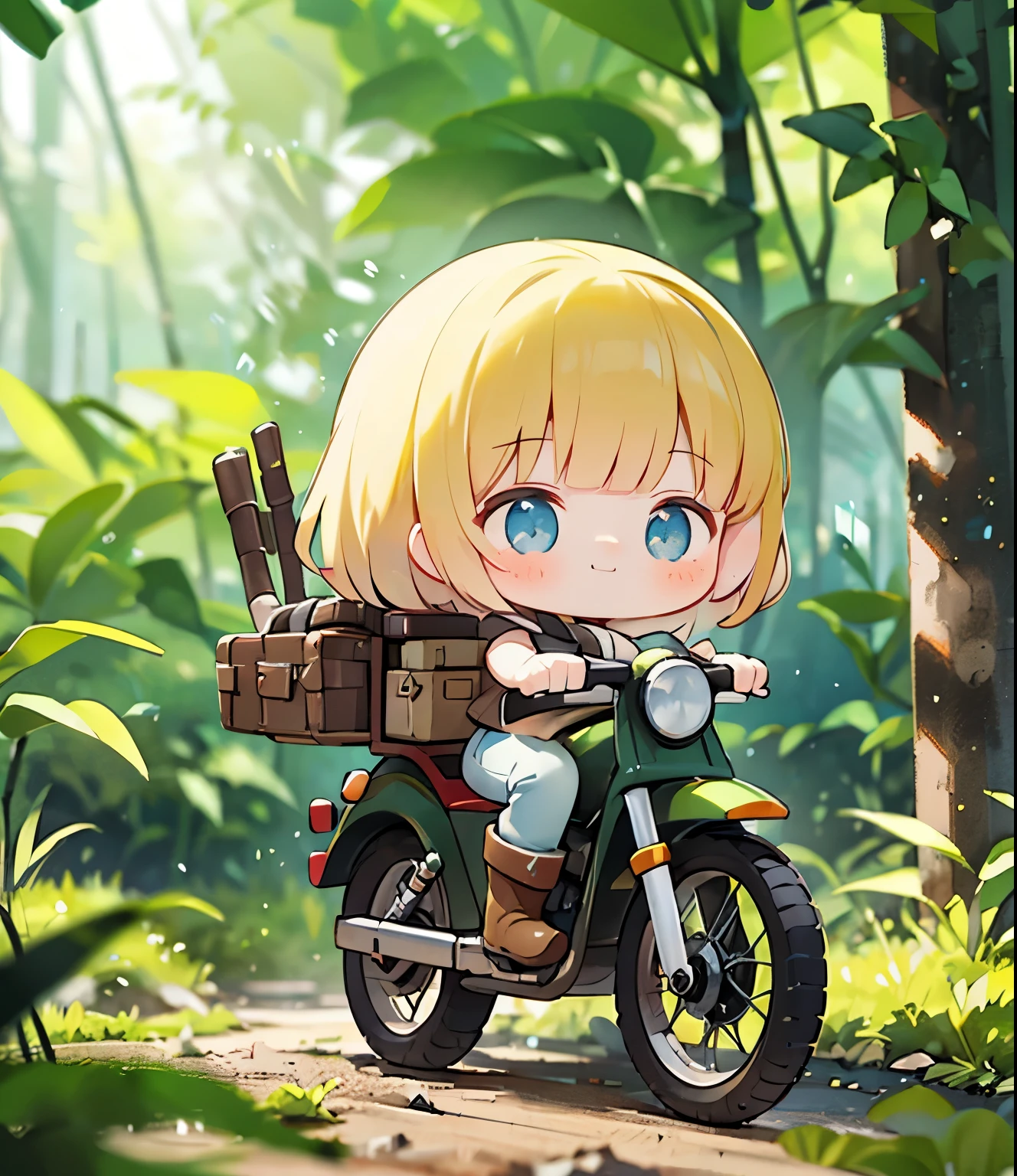  small mascot character work, ((((masterpiece)))), expensive quality, very_expensive_ all red , big_ file size ,  full color,  Steampunk depicting a future planet，In the Distant Forest ,  Vibrant Overseas Markets ,  off-road bike. The main character is a girl with a beautiful upper body , blonde,  short bob, Silver, smile,   mechanized weapons  .  wearing a white tank top,  Damaged Jeans Shorts,  engineer boots ,  off-road bikeに乗る. Beauty,