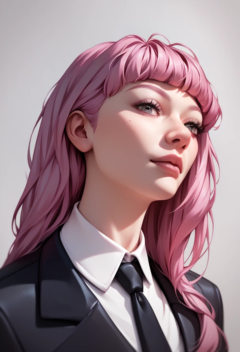 (woman), ((mori calliope)), masterpiece, best quality, pink hair, ((long hair)), plain white shirt, black suit, black necktie, realistic anime style, ((portrait)).