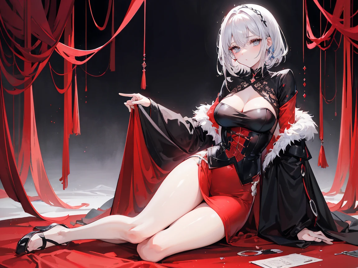full body shot, cheveux blancs longs, yeux oranges, mal, , black and rouge clothes, mal face, mal, look sérieux, lèvres brillantes, sinister, regard de face, Sanglant, gants, gros plan, portrait, beaux yeux, Grand Blanc, lieu sombre, nuit, sensuel, coupe de cheveux raide, peau claire, mal, jeune fille de 30 ans , Fille adulte, Seul, rouge, cheveux très longs, cheveux longs jusqu'à la cheville, belle femme âgée,yeux bleus,pupilles cramoisies,cheveux blancs longs,Hyperrésolution,précision,rendu détaillé,(Image de cheveux fins)(topquality)(Chefs-d'œuvre des maîtres)(Haut degré d'exhaustivité)(un sentiment d'atmosphère)chef-d'œuvre,Très détaillé et très détaillé(((corps entier)))(((blanc et noir fourrure combat tenue))) (((expression douce)))