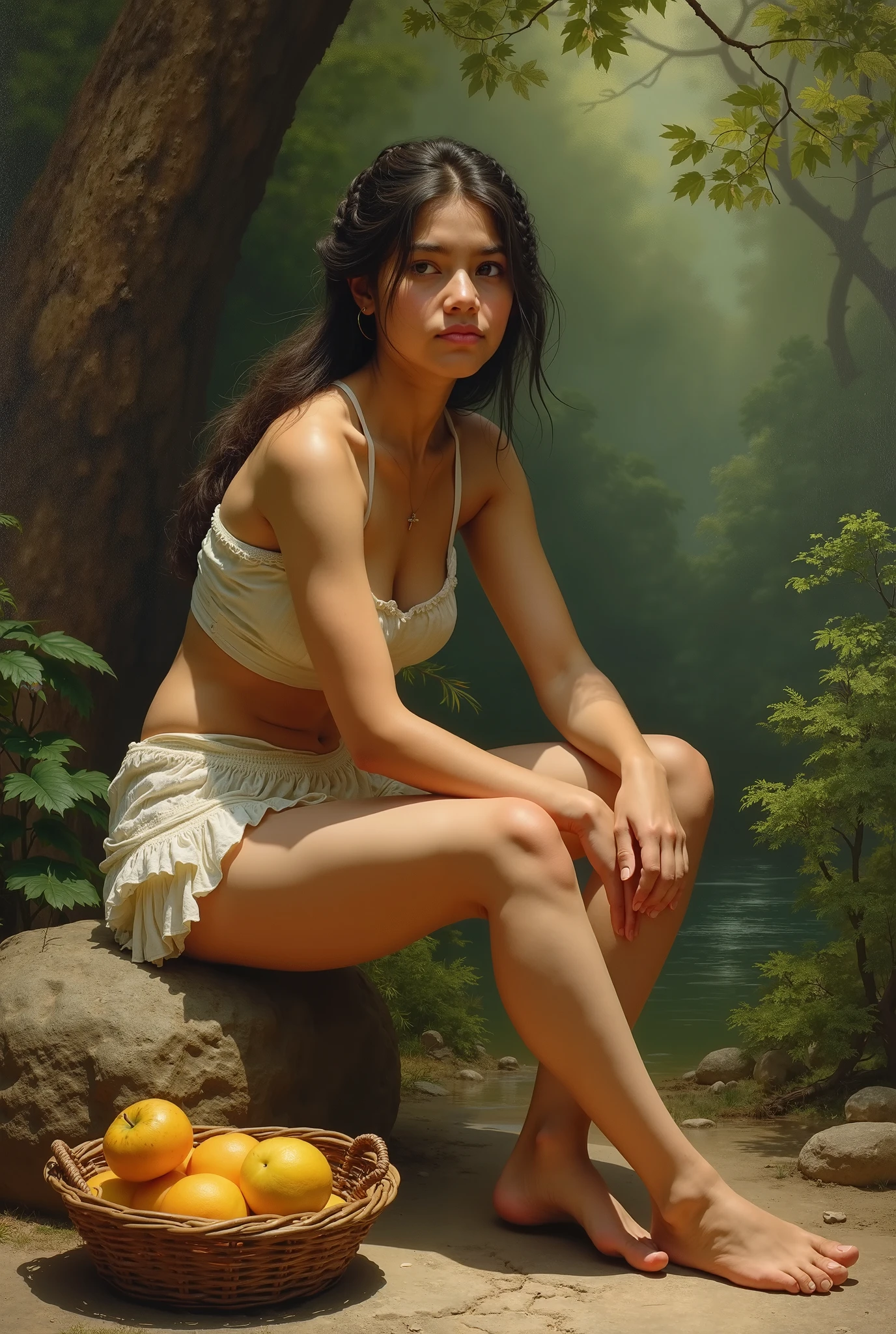 Adriana Lima, thick brown hair, chaude menue, Fille ukrainienne, Wavy brown hair, Dasha Taran, jolie belle brune, (solo one girl : 2.0), ((perfect body)), (realistic: 1.3) (original: 1.2), masterpiece, best quality, ((hibiscus flower blooming on a gnarled branch on a dark forest background)), fractal mandala background, poetic intimacy. colorful, beautiful naked forest goddess, expressive eyes, perfect face, very detailed, high resolution, 1 sexy girl dressed in a tunic, flowers, leaves, mandalas, fractal, girl in the forest, ((old antique clock floating)), ((full body)), very delicate and beautiful, very detailed, CG, Unity, 8k wallpaper, huge file size, soft lighting, slight smile, ((well-detailed eyes looking up)), ((girl sitting on tree trunk)), ((falling autumn leaves)), ((girl looking at an old clock)), nsfw, (sensual), (Extremely beautiful), (erotic:1.2), (sublime : 1.0), (Extremely sensitive: 1.0), (wise and understanding: 1.2), nsfw, sfw, ((feet stepping on grass)), ((girl sitting on tree trunk, feet stepping on grass)), blushing face, ((reflection of full moon in a distant lake)), distant mountains, wlop style, ((Roman column)), ((wall with ivy and flowers)),