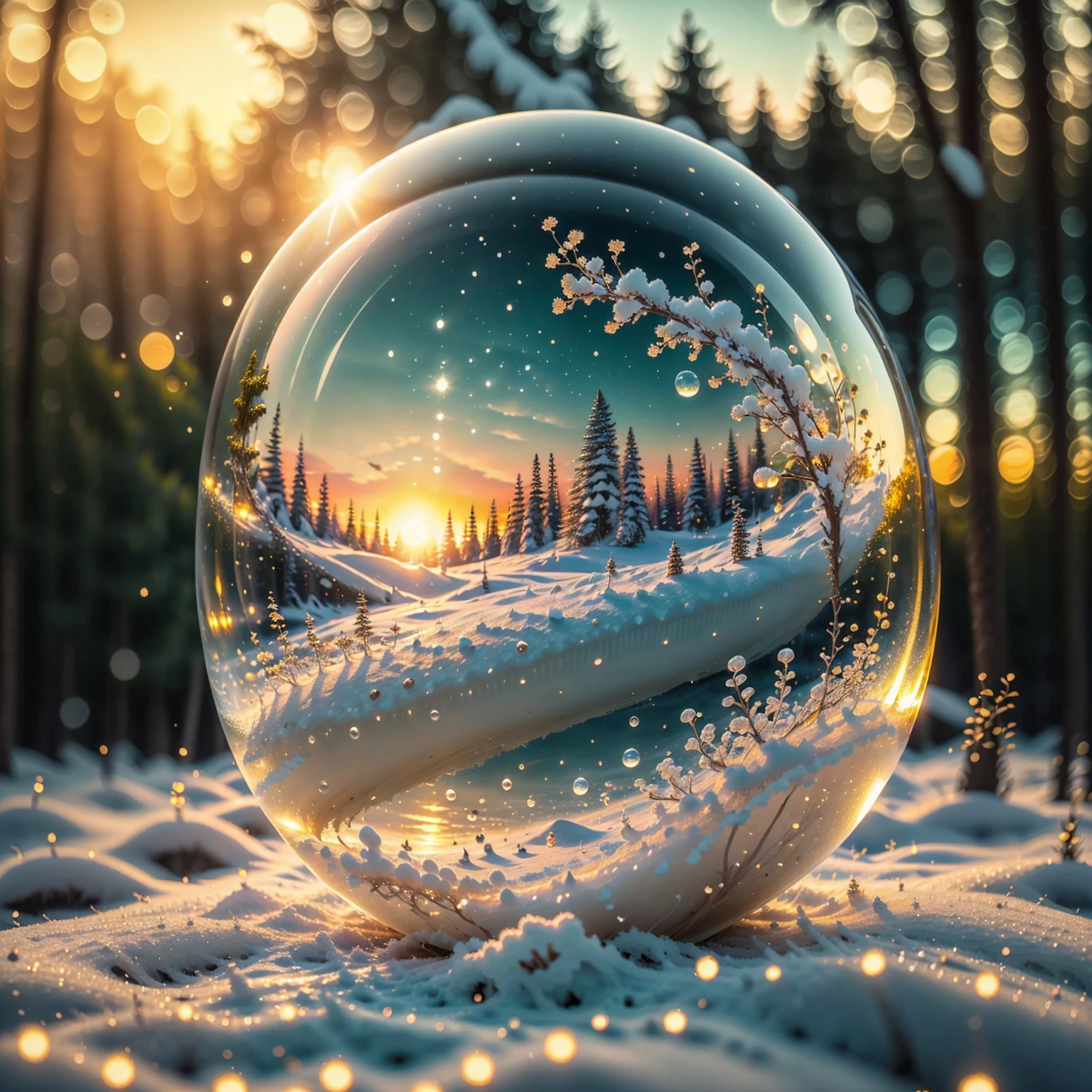 8K quality,(super masterpiece:1.3), best quality, detailed images,unmanned,Pixel-like ,1 bubble ( moss in the bubble,Water moss,snow,積snow),background(Sunset sea,Sunset sky, gradient ).