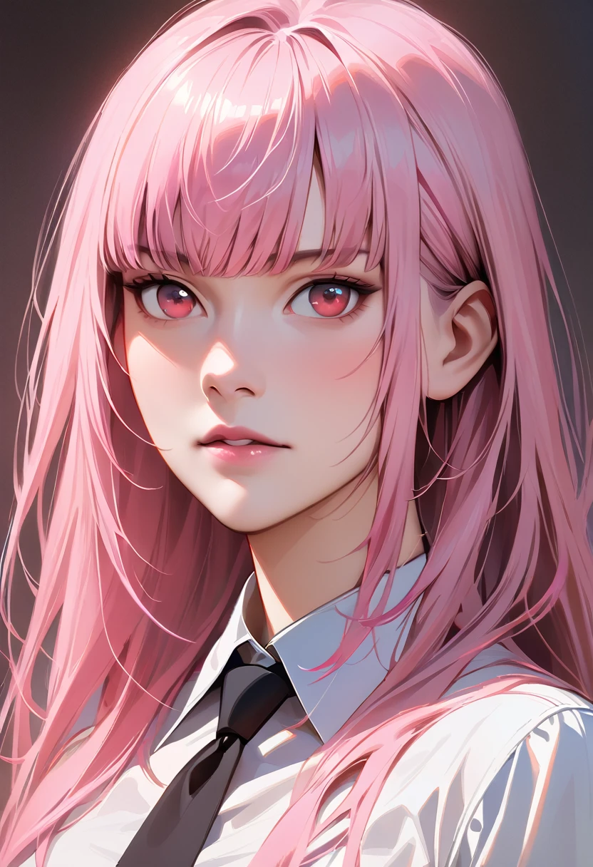 (woman), (((mori calliope))), masterpiece, best quality, pink hair, ((long hair)), plain white shirt, black suit, black necktie, realistic anime style, ((portrait)).