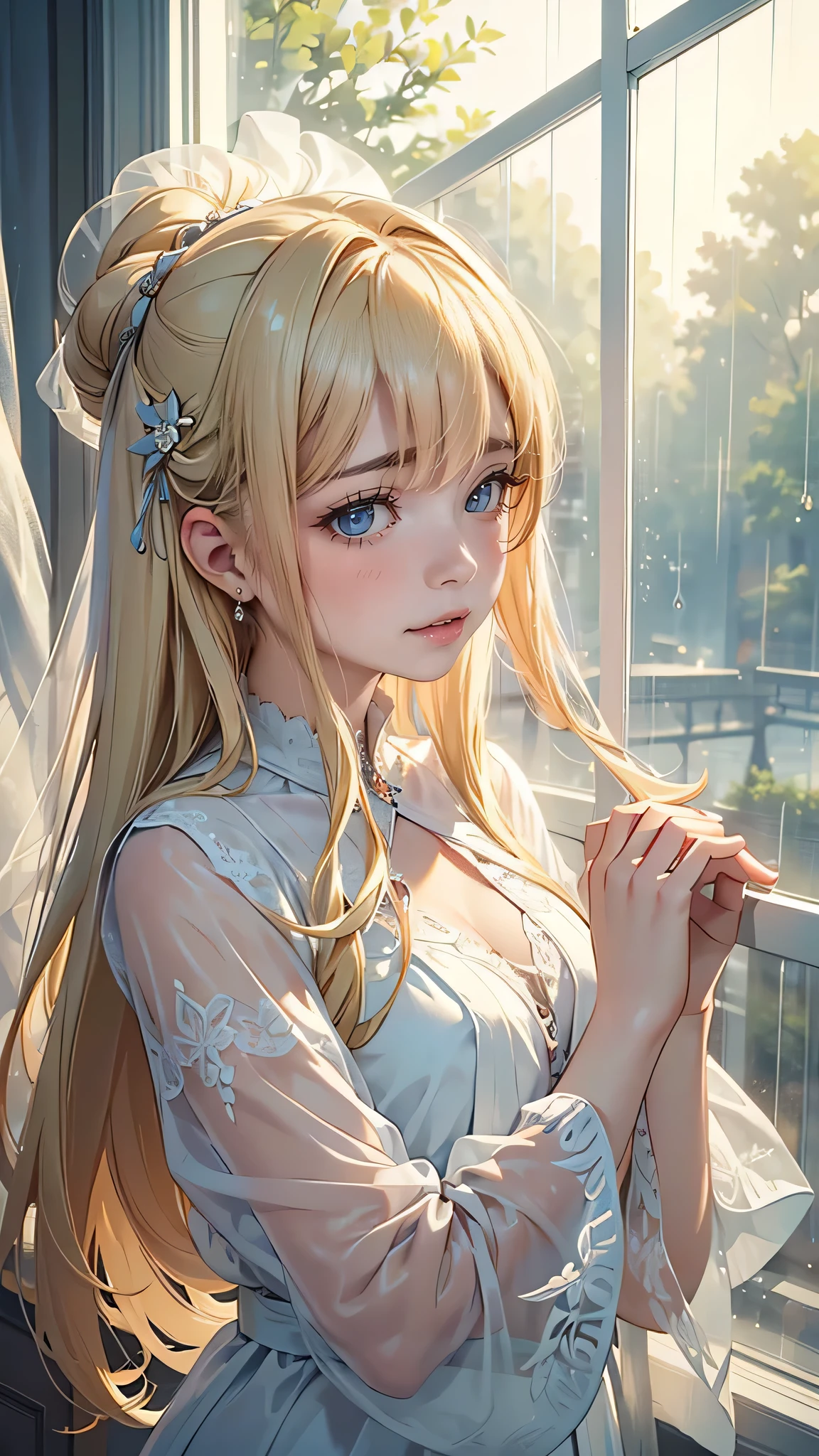 ((highest quality)), ((masterpiece)), ((Ultra-detailed)), (Very delicate and beautiful),Mysterious figure covered in translucent cloth,A girl with beautiful, detailed eyes,Abstract and mysterious girl, Long blonde hair, A swirl of dreamy pastel colors and soft light, rain,Looking out the window,Don't look at the audience,Attention to detail,Non-expressive,Imaginative,Bokeh,Soft Light,Cinematic lighting