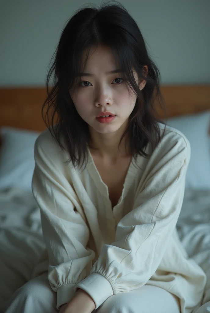 Close up of a worried young woman sitting on the edge of a bed looking ...