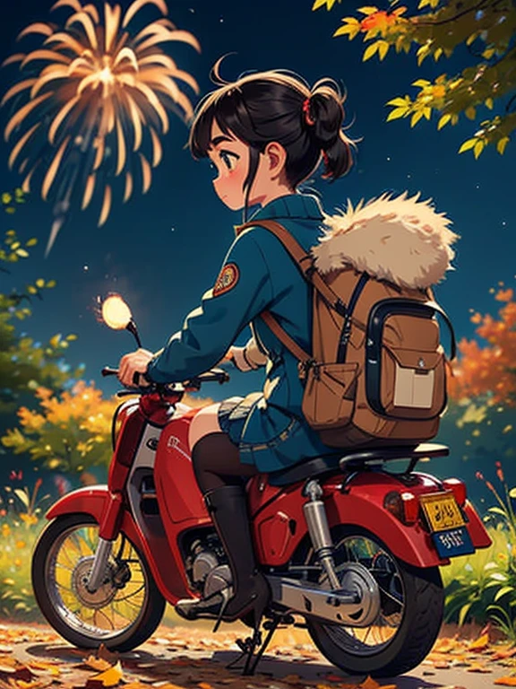 32K，UHD High Definition，Octane rendering，Steampunk，( Ultra-Fine: 1.*****ung Super Cub rider，  knight ，cute，Very short， Thin Thighs ，  small yellow super cub loaded with lots of luggage，Short dress， down jacket， semi-long twin tail ， black hair，goggles， black boots，Super Cub Details， fall leaves for vaginal discharge，To an autumn campsite ，fireworks，fireworks， medium distance shot from behind ,