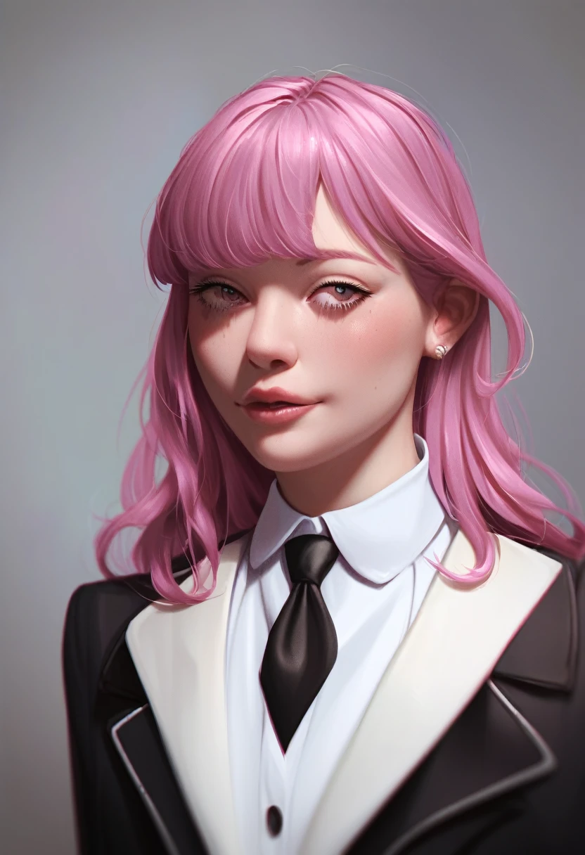 (woman), (((mori calliope))), masterpiece, best quality, pink hair, ((long hair)), plain white shirt, black suit, black necktie, realistic anime style, ((portrait)).