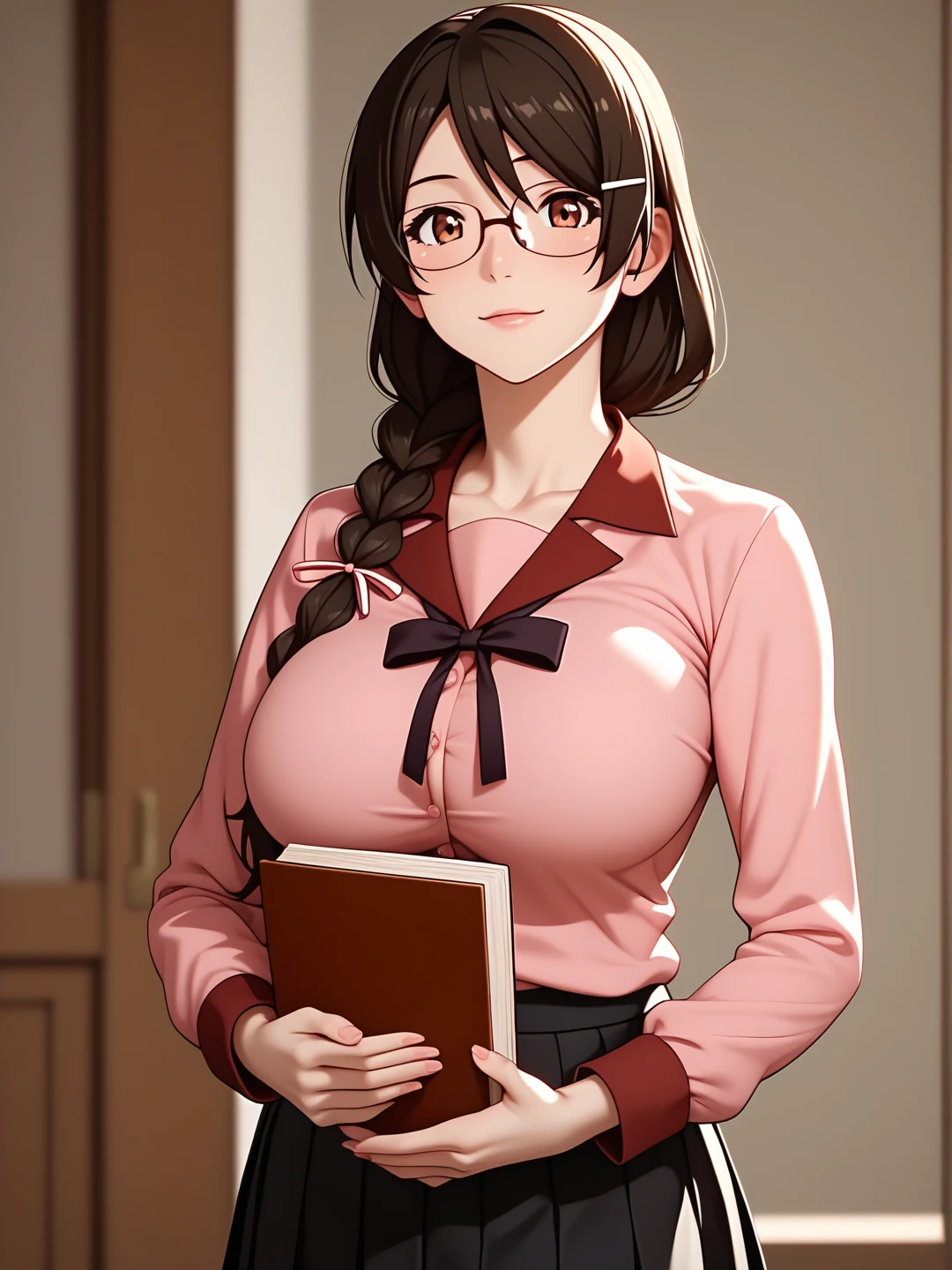 score_9, score_8_up, score_7_up, score_6_up, source_anime, anime_style, rating_safe, accurate_anatomy, front angle view, 1girl, hanekawa, big breasts, ribbon, naoetsu_high_school_uniform, school uniform, long sleeves, puffy long sleeves, pink shirt, black skirt, juliet skirt, pleated skirt, collarbone, (holding_a_book_on_chest), standing, looking at the viewer, solid background