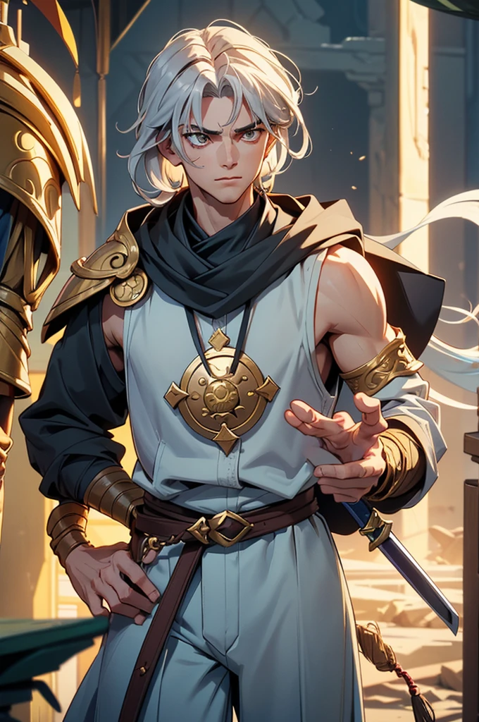 8k，HighestQuali，tmasterpiece，Exquisite graphics，arab man，merchant，travelling merchant，Desert merchants，Yellow-black skin，mtu，The beautiful，Handsome，Looks cunning，merchant，Nasal circles，Golden teeth，long white robe，treasures，A wide variety of crystals，The tall，holding dagger，Carrying a package，Coin trading，Trade money，Wrapped in bandages，Hand bandages